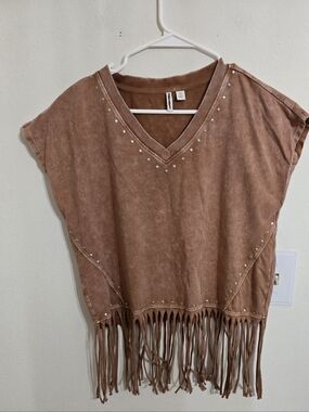 Women's Fringe V-Neck Tunic with Stud Detail - Brown
